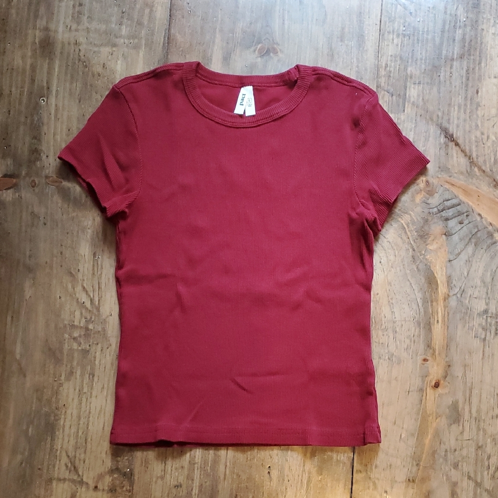 Pact Women's Ribbed Short Sleeve Tee in Deep Red
